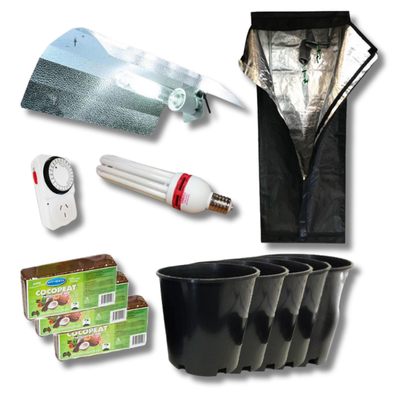 0.6m Grow Tent with CFL Dual Lamp Wing Shade and 5x 150mm Pots with Coco Peat-Off Grid Living Supplies