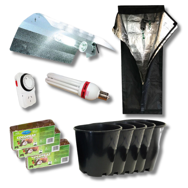 0.6m Grow Tent with CFL Dual Lamp Wing Shade and 5x 150mm Pots with Coco Peat-Off Grid Living Supplies