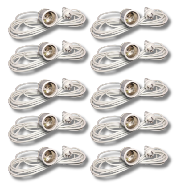 10 Pack 4.5m Ceramic CFL Light Holders with Australian Plug for Grow Tents-Off Grid Living Supplies