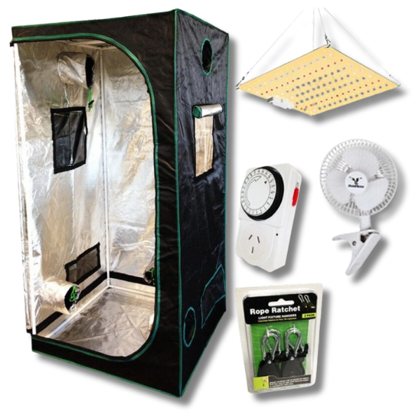 120cm Grow Tent with 50W LED, 10A Timer, 150mm Clip Fan and Rope Ratchet Combo-Off Grid Living Supplies