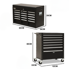 16 Drawer Tool Chest with Toolbox Garage Organiser Set - Black