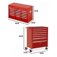16 Drawer Tool Chest with Toolbox Garage Organiser Set - Red