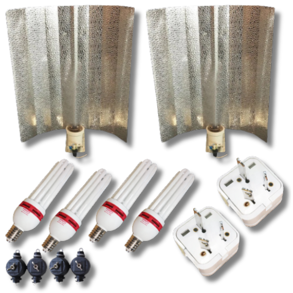 2 Sets of 130W CFL Lamps 2700K + 6400K with Aluminium Reflector and Yoyo Hangers-Off Grid Living Supplies