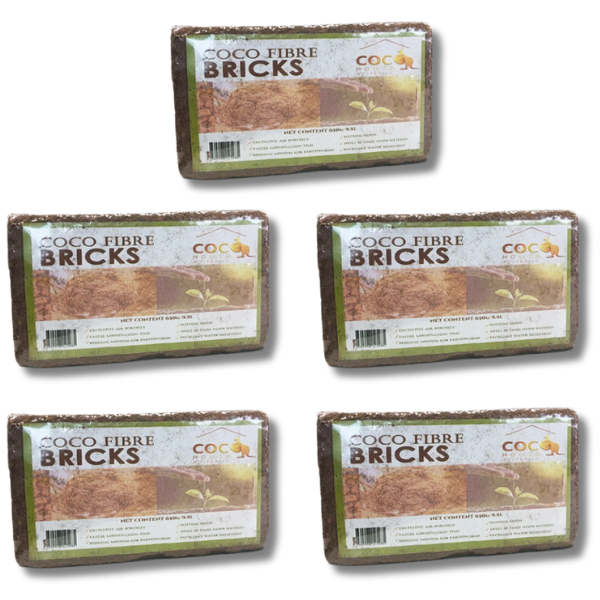 5 Pack 650g / 9.5L Coco Coir Grow Bricks pH Stable - Coco House-Off Grid Living Supplies