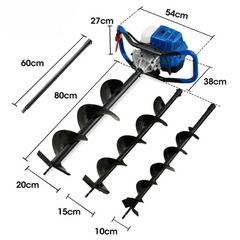 52cc 2-Stroke Petrol Post Hole Digger with 3 Auger Bits & 600mm Extension Shaft