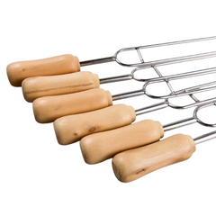 6 Pack Double Prong Stainless Steel Barbecue Skewers with Wooden Handles-Off Grid Living Supplies Australia