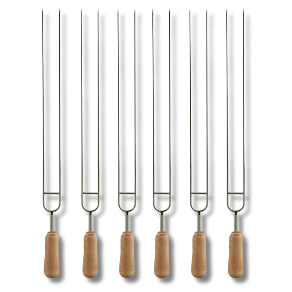 6 Pack Double Prong Stainless Steel Barbecue Skewers with Wooden Handles-Off Grid Living Supplies Australia