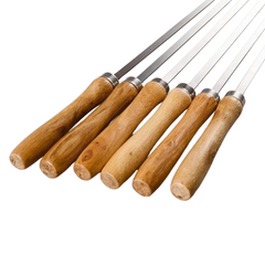 6 Pack Flat Stainless Steel Barbecue Skewers with Wooden Handles-Off Grid Living Supplies Australia