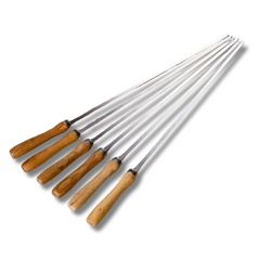 6 Pack Flat Stainless Steel Barbecue Skewers with Wooden Handles-Off Grid Living Supplies Australia