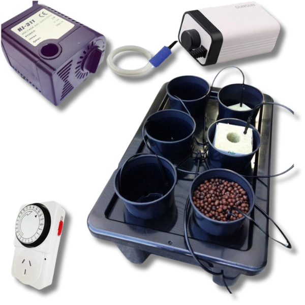 6 Pot Water Drip System with Water and Air Pumps Complete Hydroponic Kits-Off Grid Living Supplies