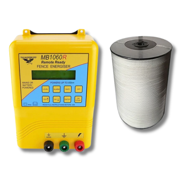 85km MB1060R Mains & Battery Electric Fence Energiser with 400m Hot Tape - Thunderbird-Off Grid Living Supplies Australia
