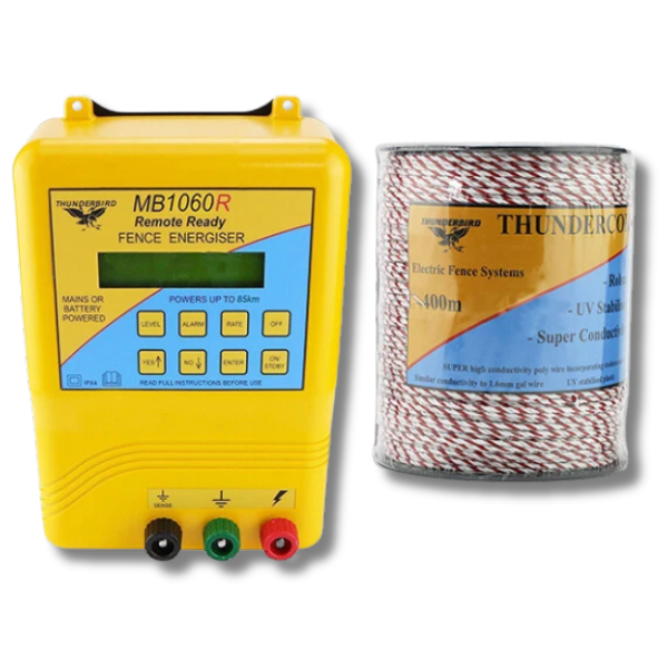 85km MB1060R Mains & Battery Electric Fence Energiser with 400m Thundercord - Thunderbird-Off Grid Living Supplies Australia
