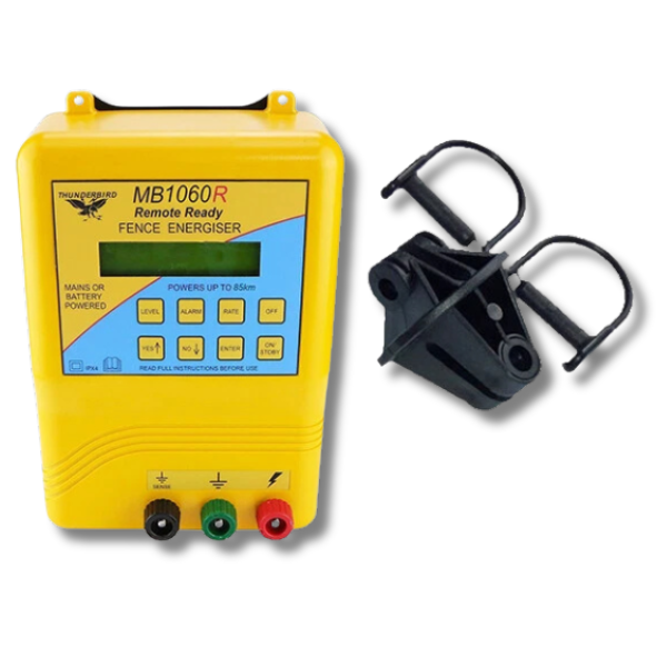 85km MB1060R Mains & Battery Electric Fence Energiser with Steel Post Pinlock Insulators - Thunderbird-Off Grid Living Supplies Australia