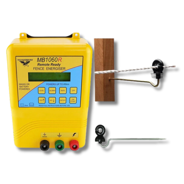 85km MB1060R Mains & Battery Electric Fence Energiser with Wood Post Offsets - Thunderbird-Off Grid Living Supplies Australia