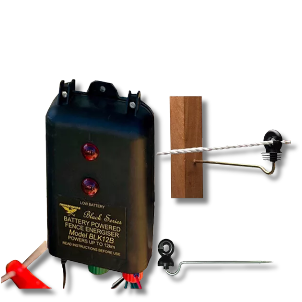 B120 Battery Electric Fence Energiser with Offset Wood Post Insulators - Thunderbird-Off Grid Living Supplies Australia