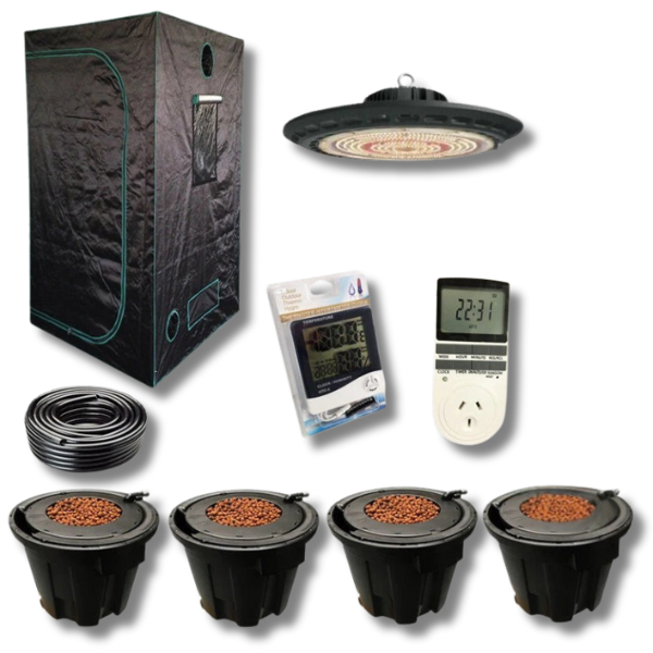 Grow Tent with 200W UFO LED and 4x 27L DWC Pro Pots Setup-Off Grid Living Supplies