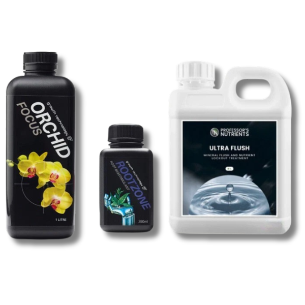 Orchid Focus 1L & Rootzone 250ml with Ultra Flush 1L Kit - Professor's Nutrients-Off Grid Living Supplies