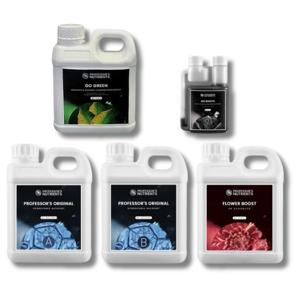 Original A&B 2x1L with Flower Boost 1L, Go Green 1L & Go Boots 100ml - Professor’s Nutrients-Off Grid Living Supplies