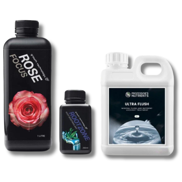 Rose Focus 1L & Rootzone 250ml with Ultra Flush 1L Kit - Professor's Nutrients-Off Grid Living Supplies