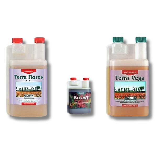 Terra Flores and Terra Vega 2x1L with Boost Accelerator 250ml Nutrient Set - Canna-Off Grid Living Supplies