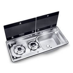 Two Burner Hob & Sink Combination With Glass Lid 760 x 325 mm-Off Grid Living Supplies Australia