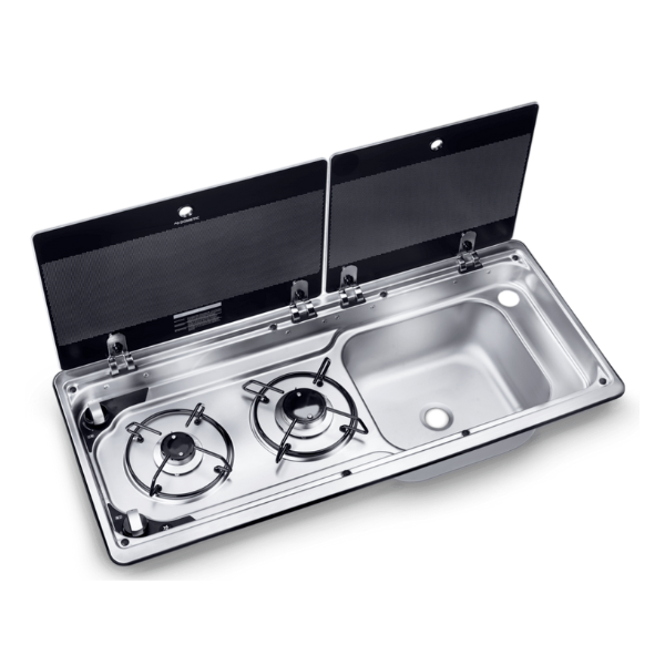 Two Burner Hob & Sink Combination With Glass Lid 760 x 325 mm-Off Grid Living Supplies Australia